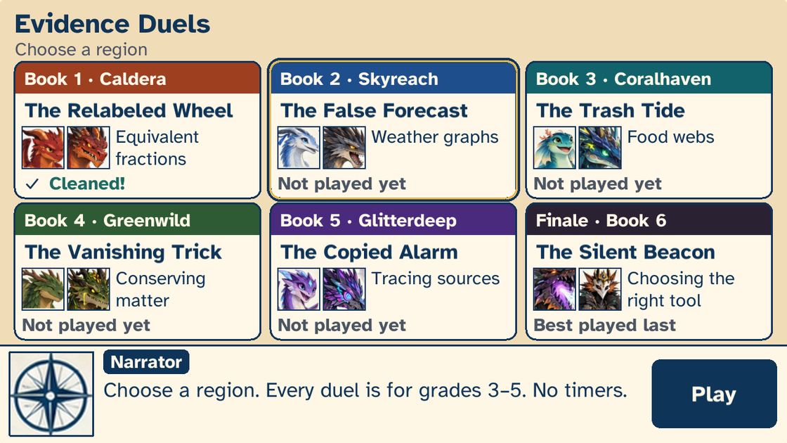 The Evidence Duels select screen: six regions, from The Relabeled Wheel in the Caldera to The Silent Beacon finale