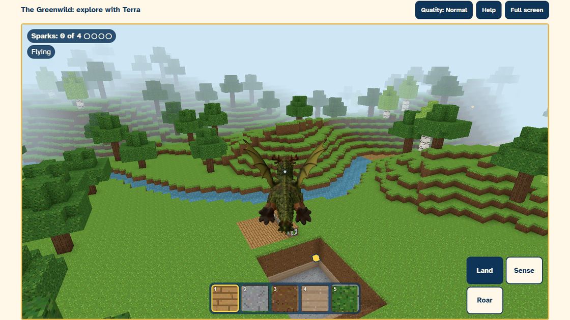 Terra flying over the blocky Greenwild with a stream and trees