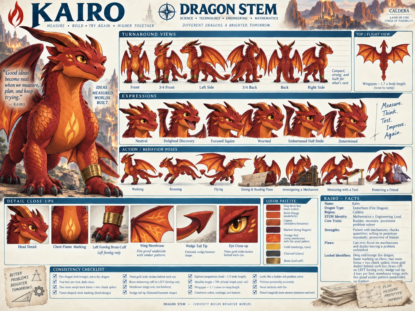 Kairo's character sheet: turnaround, expressions, poses and locked identifiers