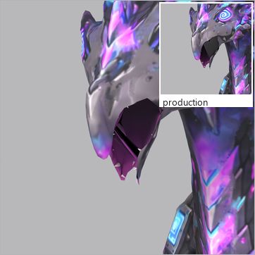 Glarebyte, test build: three-quarter view, mouth open at the peak of the Roar