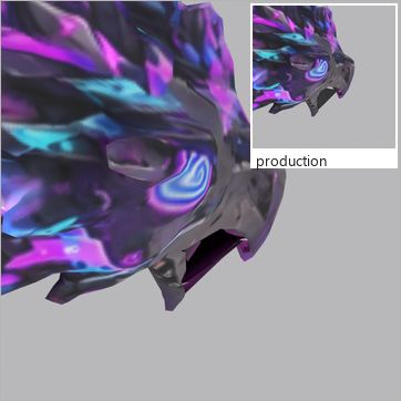 Glarebyte, test build: from behind at three-quarter, mouth open at the peak of the Roar