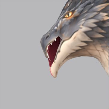 Heatfang, test build: side view, mouth open at the peak of the Roar
