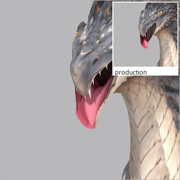 Heatfang, test build: three-quarter view, mouth open at the peak of the Roar