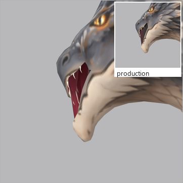 Heatfang, test build: from behind at three-quarter, mouth open at the peak of the Roar
