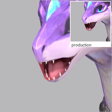 Lumen, test build: three-quarter view, mouth open at the peak of the Roar