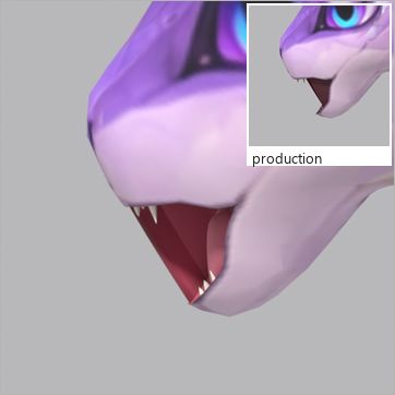 Lumen, test build: from behind at three-quarter, mouth open at the peak of the Roar