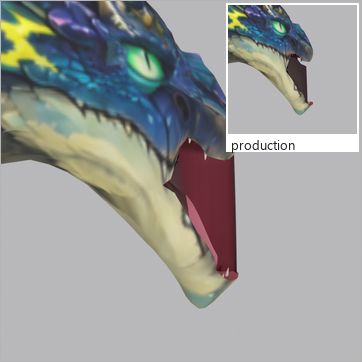 Plastitide, test build: from behind at three-quarter, mouth open at the peak of the Roar