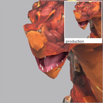 Sludgeburn, test build: three-quarter view, mouth open at the peak of the Roar