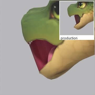 Terra, test build: from behind at three-quarter, mouth open at the peak of the Roar