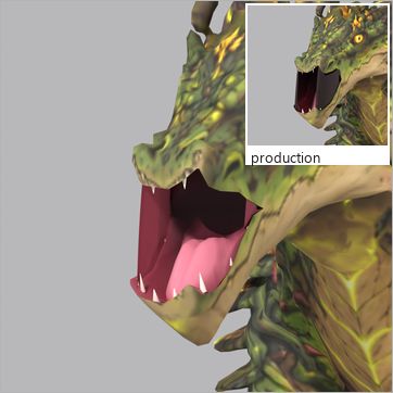 Toxibloom, test build: three-quarter view, mouth open at the peak of the Roar