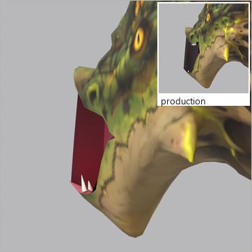 Toxibloom, test build: from behind at three-quarter, mouth open at the peak of the Roar