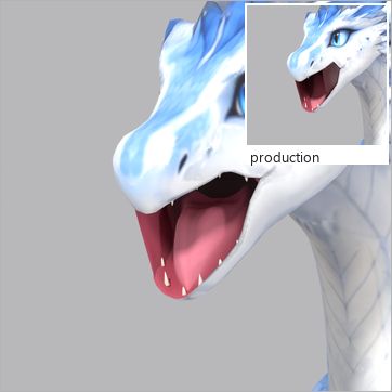Zephyra, test build: three-quarter view, mouth open at the peak of the Roar