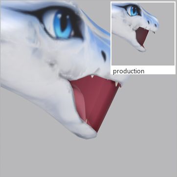 Zephyra, test build: from behind at three-quarter, mouth open at the peak of the Roar